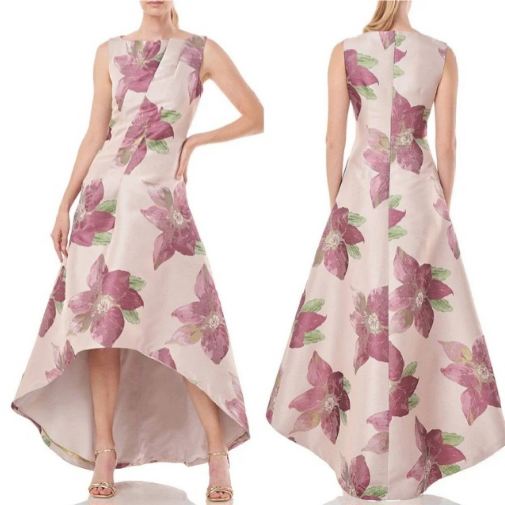 NEW KAY UNGER PALMER HI-LOW JACQUARD FLORAL DRESS SIZE 10 NWT $398 BLUSH ROSE